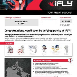 IFLY INDOOR PARACHUTING $72 VOUCHER FOR $50 OAKVILLE LOCATION GOOD FOR 1000 YEAR